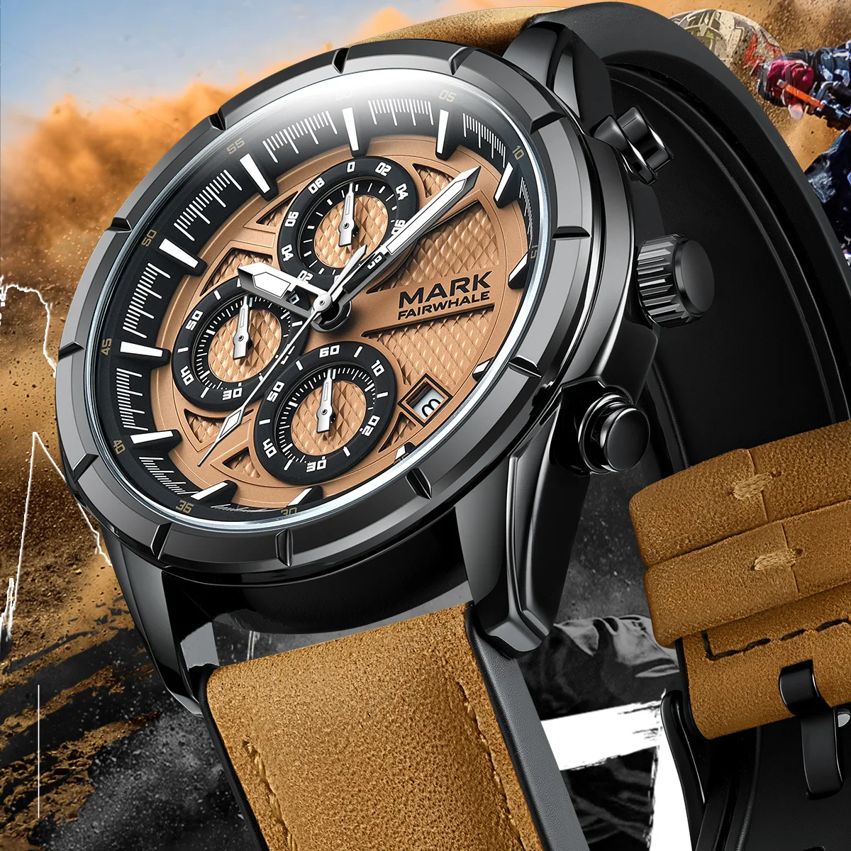 New Fashion Brown Watch Men Brand Mark Fairwhale Luxury Rubber Strap Clock Male Sports Chronograph Waterproof Quartz Wristwatch