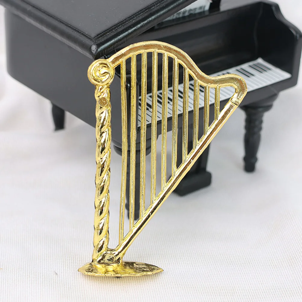 Brinquedo mini harpa artesanato de plástico simulação realista instrumento musical casa decoração modelo dourado trabalho em miniatura