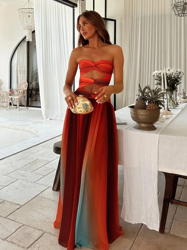 

2025SanShengNew Summer Holiday Female RobesTie-dye Gradient Hollow Out Women's Maxi Dress Elegant Off Shoulder A-line Hem Long D