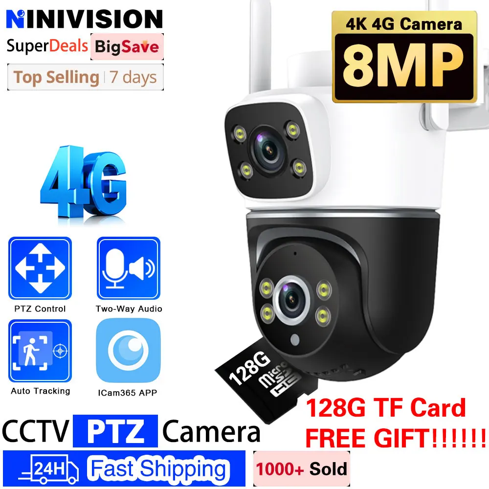 

3G 4G SIM Card ICam365 CCTV Monitor HD 8MP 4K Dual Lens IP Camera 4G PTZ Dome Humanoid Auto Track Two Way Audio Security Camera