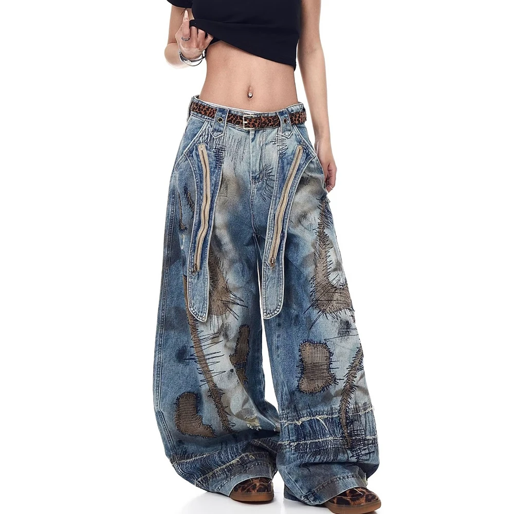 メンズ刺繍ワイドレッグデニムパンツ韓国レトロファッショントレンドストリートヒップホップルーズ通気性ニッチ夏メンズボトムス