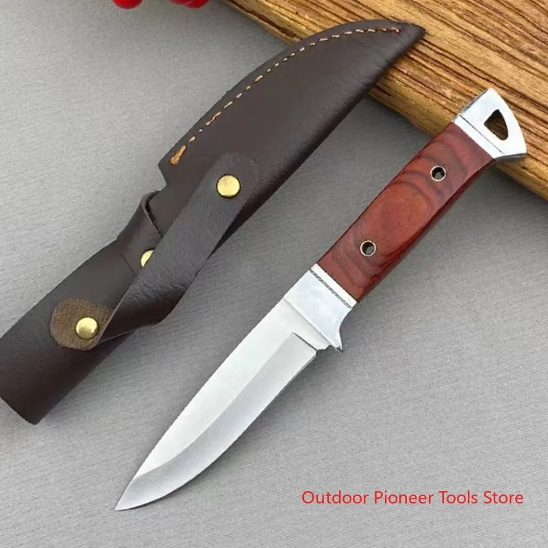 New outdoor red mahogany handle pocket knife, high hardness 5CR13 steel straight knife, camping and hunting self-defense knife