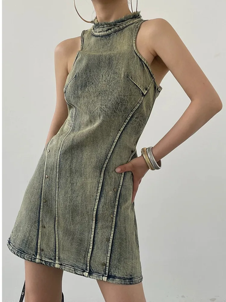 

2025 Chic Summer New Ladies Retro Dresses Style Simple And Irregular Distressed Round Neck Slim Sleeveless Denim Short Skirts
