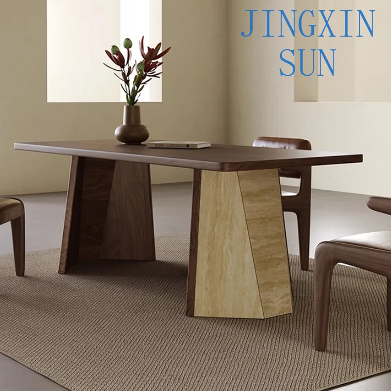 Medieval solid wood dining table Large apartment master creative French retro rectangular solid wood travertine rock slab dining