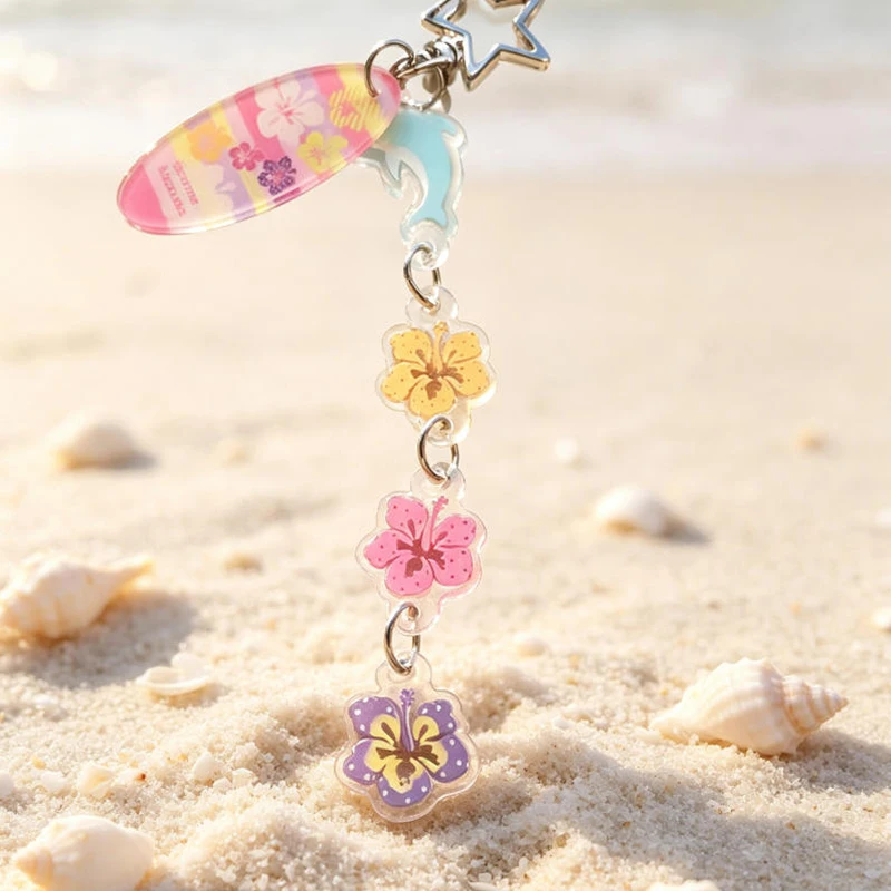 Hawaiian Vacation Style Floral Striped Flower Acrylic Keychain Girl Star Dolphin Decoration Pendant Bag Buckle Accessory