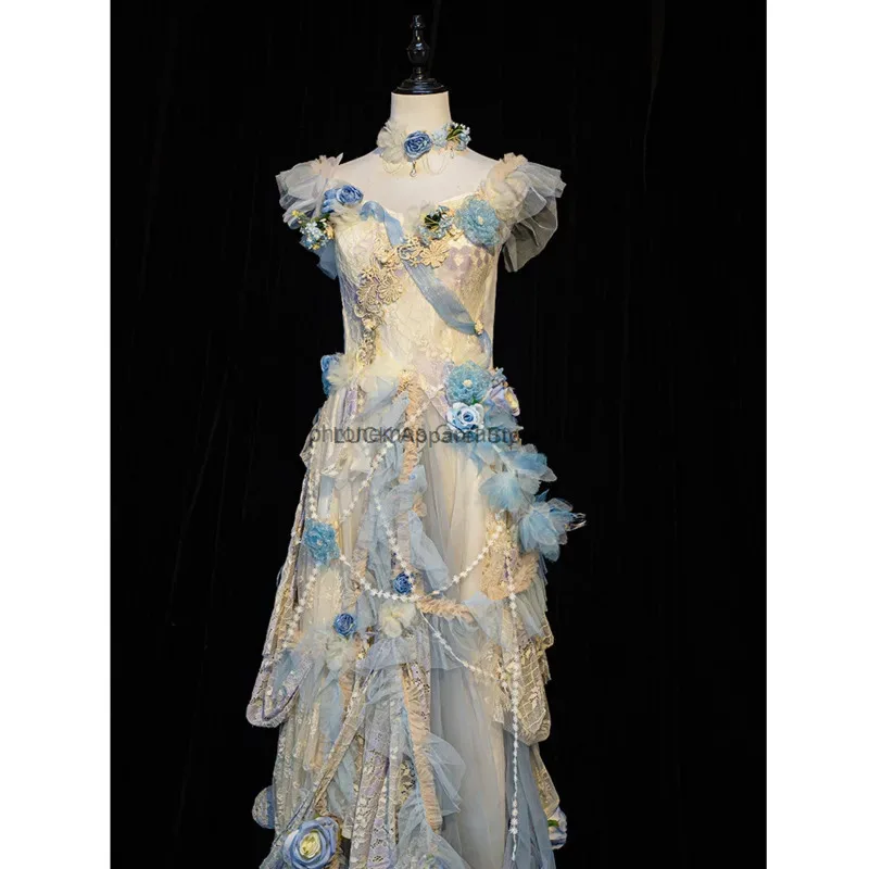 

Fantasy Victorian Light Green Prom Dresses Delicate Card Shoulder Corset 3D Floral Layered Column Gorgeous Party Evening Custom