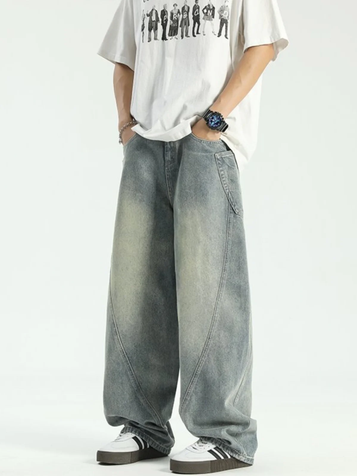 

American High Street Vibe Knife Jeans Trendy Vintage Washed Denim Men's Straight Loose Floor-Length Wide Leg Pants