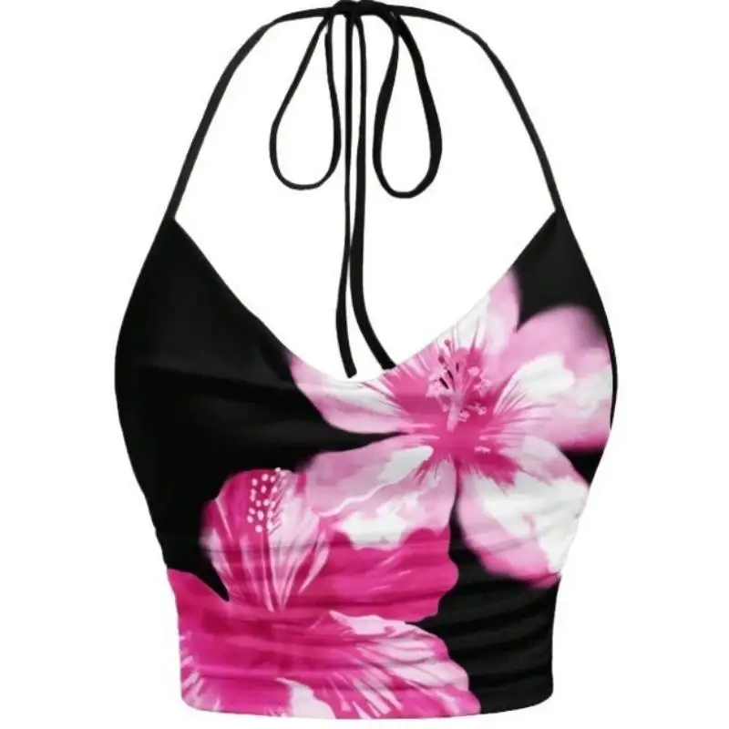 Tie-dye Floral Print Halter Top For Women Summer Y2K Clothes Flower Sexy Backless Draped Cute V-neck Cropped Top Streetwear Cami
