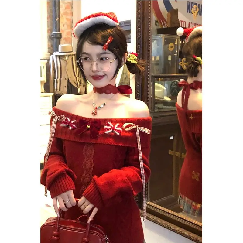 

Рождественский вязаный свитер, женский зимний красный пуловер с открытыми плечами Y2k, винтажная одежда, тонкие джемперы, повседневные корейские длинные рукава