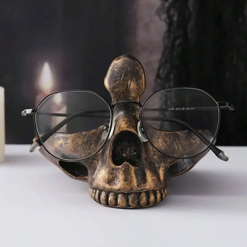 Black Resin Skull Glasses Holder Eyeglasses Stand Desk Ornament Figure Sunglasses Display Home Office Shelf Table Decor Gift