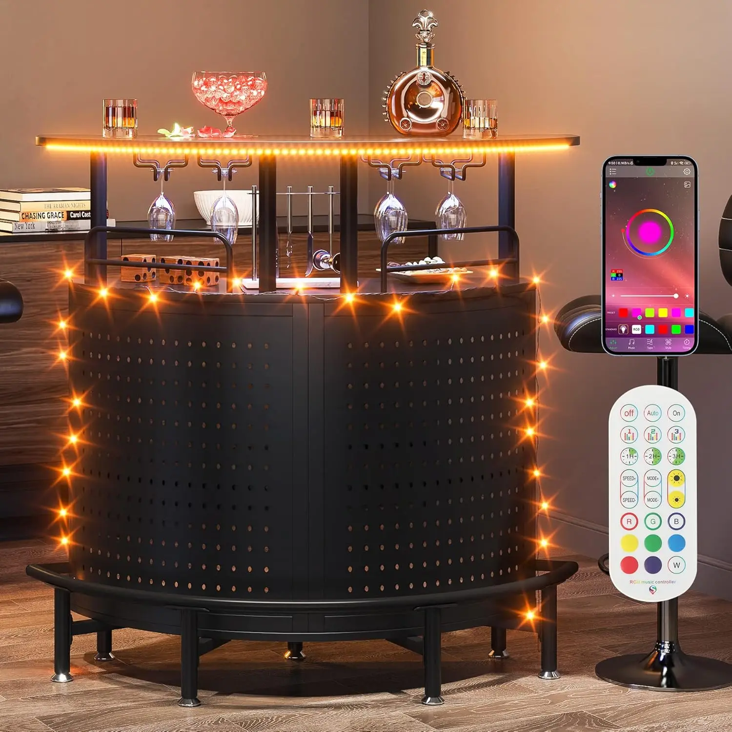 Smart LED Bar Table, 3-Tier Liquor Bar Unit with RGB Lights, Wine Glasses Holder and Storage Shelves, Alcohol Bar Cabinet