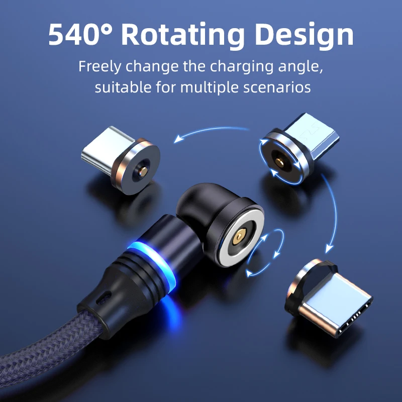 540 Degree Rotating Magnetic Charging Cable 3-in-1 USB TYPE C Micro Cell Phone Cable Blind Suction Round Magnetic Data Cable