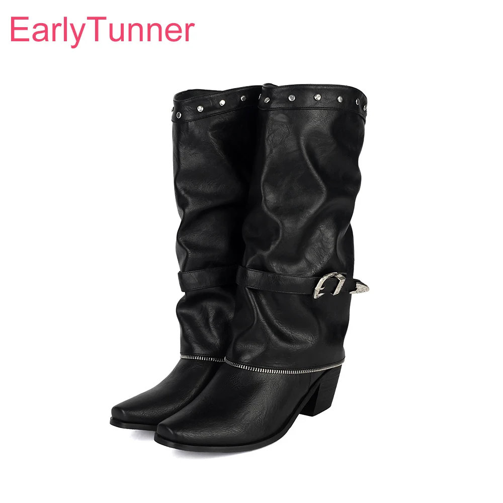 

2025 New Winter Casual Black Red Women Mid Calf Slouch Boots Pointed Toe High Heel Lady Nude Shoes Plus Big Size 13 43 46 50