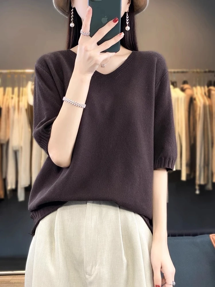 เสื้อยืดผ้าฝ้ายถักบางเบาสำหรับฤดูใบไม้ผลิและฤดูร้อน คอวี ผ้าฝ้ายผสมลินิน ทรงหลวม ไซส์ใหญ่ สำหรับผู้หญิง ชิงเต่า 24