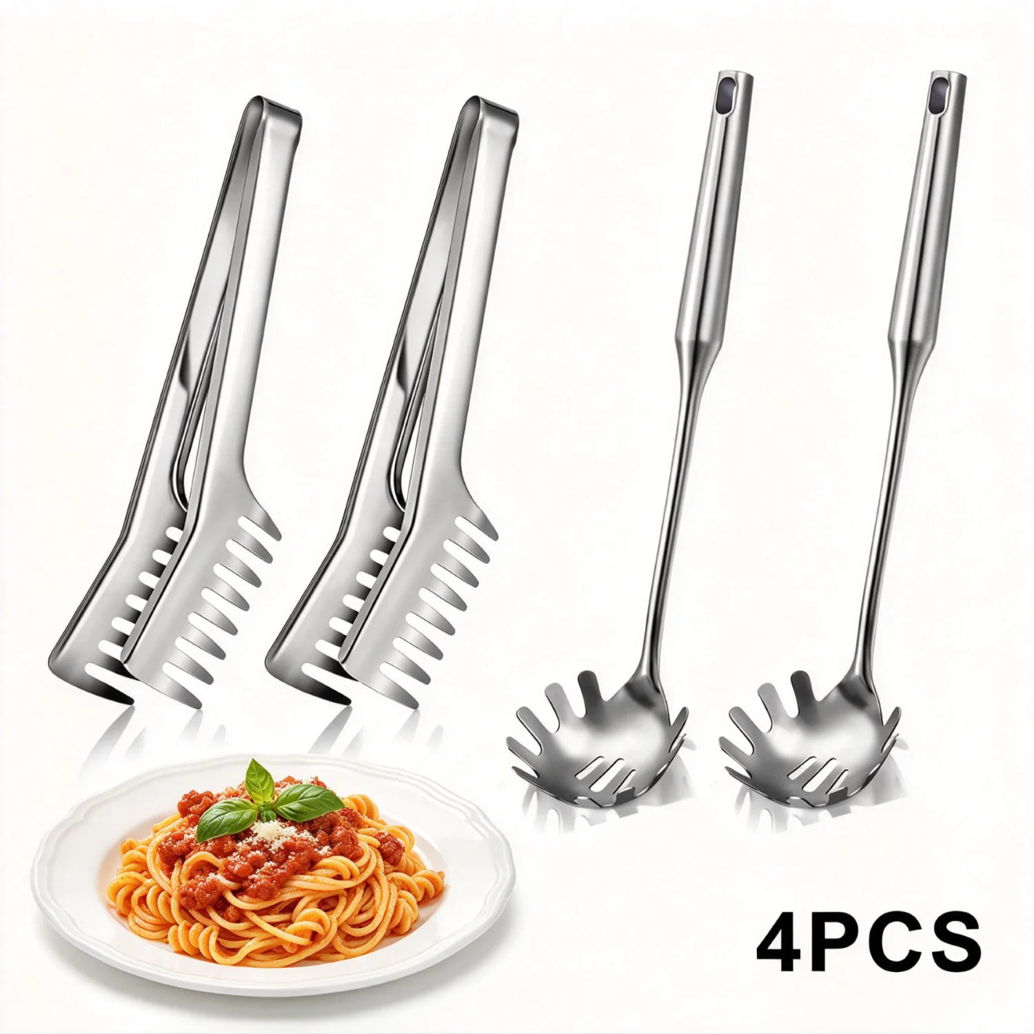 4PCS Stainless Steel Pasta Spoon with Teeth Large Spaghetti Utensil, 9.4'' Tong and 13.6'' Pasta Fork with Vacuum Handle, Kitchen Utensils, Comfortable Grip Design Spoons for Kitchen(Sliver), Dishwasher Safe, 13.6in/9.4in