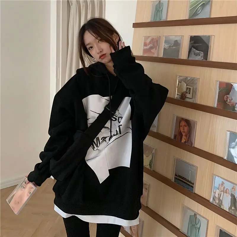 Harajuku Fake Two Pieces Loose Hoodies Sweatshirts Spring Autumn New Long Sleeve Contrast Tops Tees Trend Casual Women Clothing