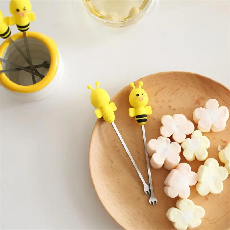 6pcs Silicone Honeybee Fruit Fork Cute Stainless Steel Creative Fruit Pick Set Ceramic Base