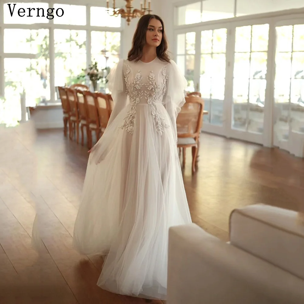 

Verngo lvory Appliques Tulle Party Dresses O Neck Puff Long Sleeves A Line Prom Gowns Women Formal Occasion Dress Customized