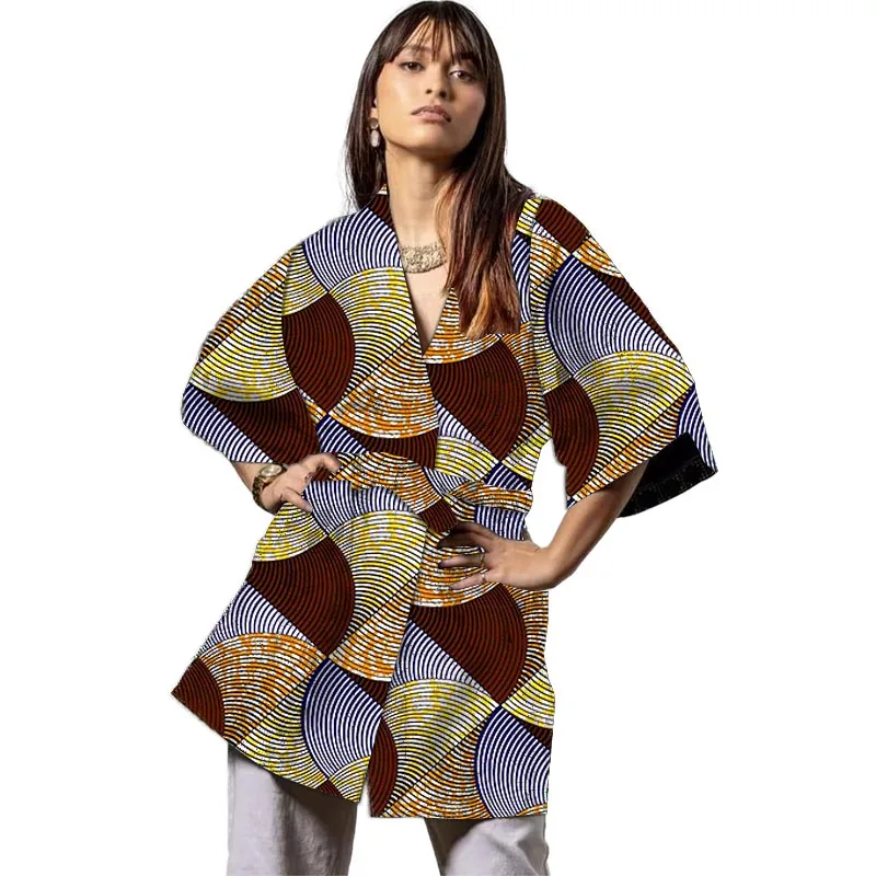 Loose Style Ladies' Windbreaker Original Design Africa Print Women's Cardigan Jacket With Belt Tailored