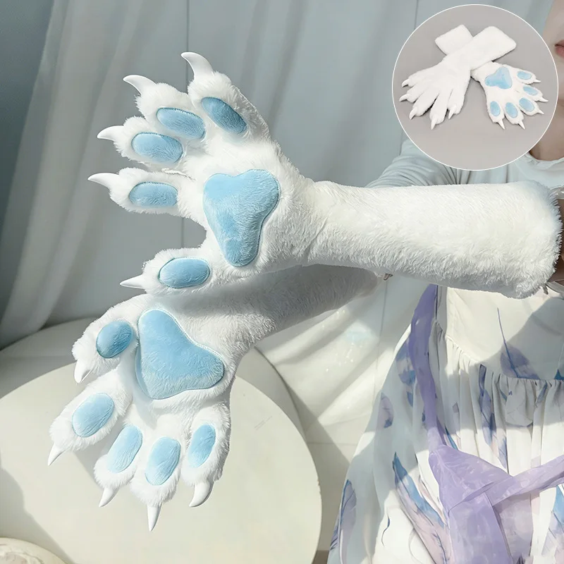 Fur Set Animal Claw Gloves Girl Role Play Fur Plush Five Finger Claw Gloves Adult Halloween Party Cosplay Accessories