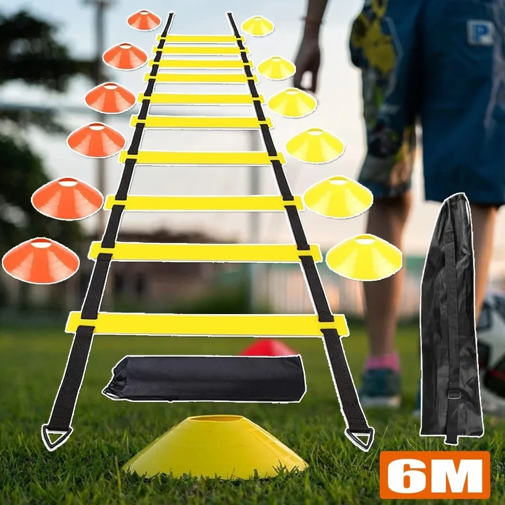 Échelle d'agilité et de vitesse pour l'entraînement sportif, kit d'entraînement de football pour la technique de jeu au pied (inclut des connecteurs triangulaires, 4 piquets de sol en forme de L, 6 cônes de marquage jaunes et 6 cônes de marquage orange, une bande d'entraînement au contrôle de la balle et un sac de rangement à cordon de serrage)