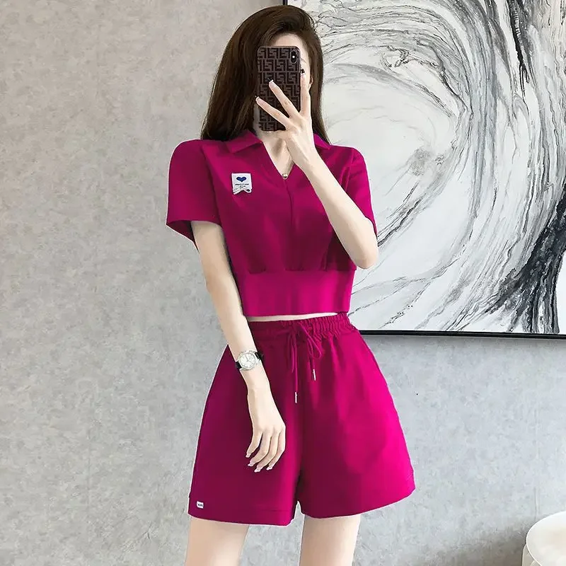 Elegant Fashion Harajuku Slim Fit Female Clothes Loose Casual All Match Solid Shorts Patchwork Short Sleeve Tops Two Piece Set