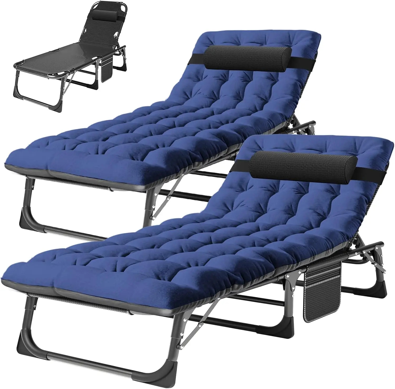 Set Of 2 Folding Tanning Beach Chairs With Soft Removable Cushion, 5 Position Reclining Sun Lounger, Heavy Duty Portable Lawn Lounge Chairs For Outside Pool Side Patio Sand, Navy Blue
