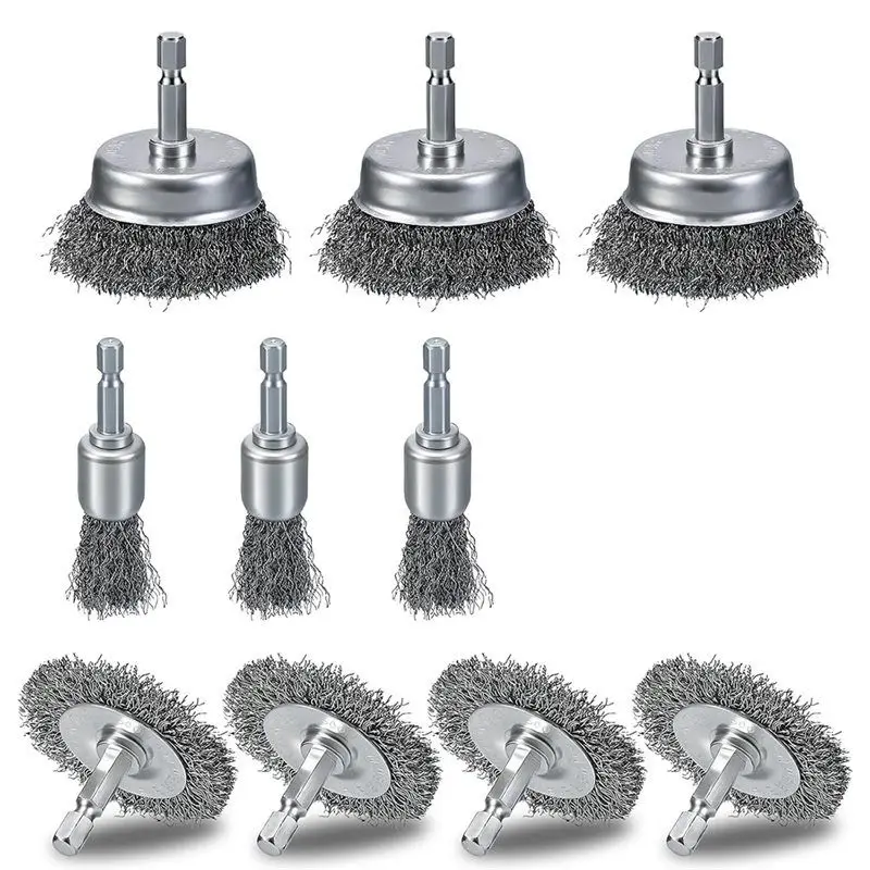 

[НОВИНКА! A93G] Набор из 10 проволочных щеток для дрели из грубой углеродистой стали, шестигранный хвостовик 1/4 дюйма для эффективного удаления ржавчины и краски.