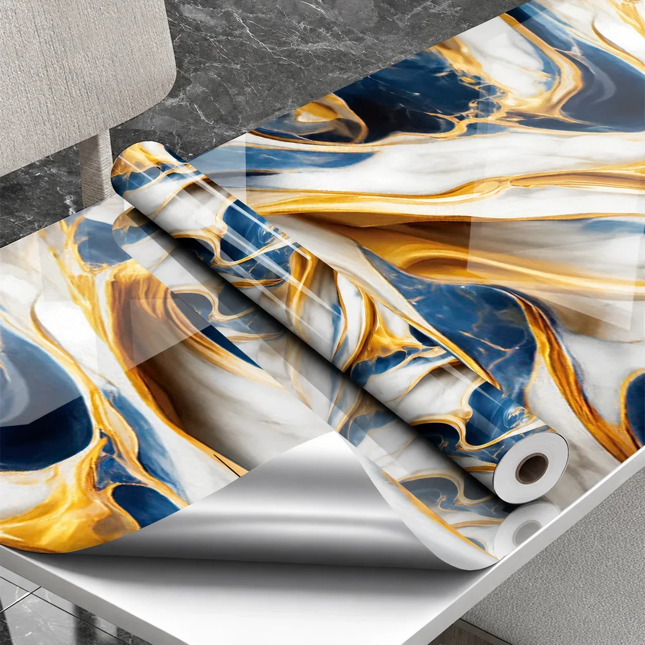Marble-Pattern Decorative Sticker Oil-Resistant Glossy PVC Suitable For Kitchen Countertop Cabinet And Furniture Refurbishment.