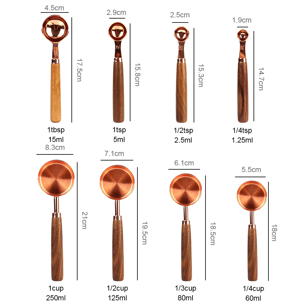 8Pcs Measuring Spoon Set Wooden Handle Measuring Cups Stainless Steel Kitchen Accessories Kitchen Gadget Coffee Bartending Scale