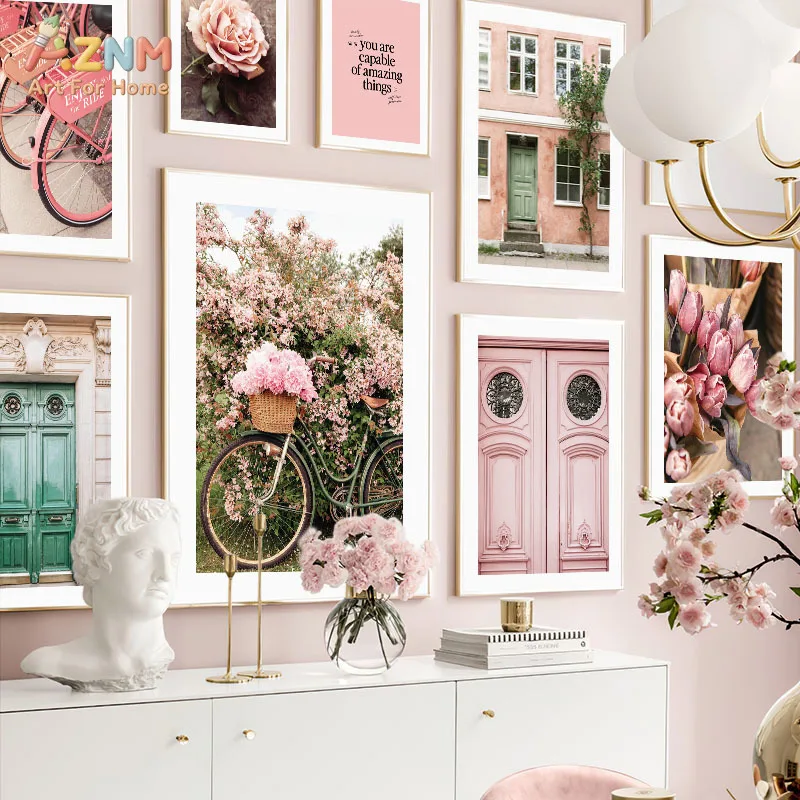 AZNM Pink Aesthetic Floral Canvas Wall Art Vintage Bicycle Flower Pastel Building Door Inspirational Quote Nordic Romantic Bedro