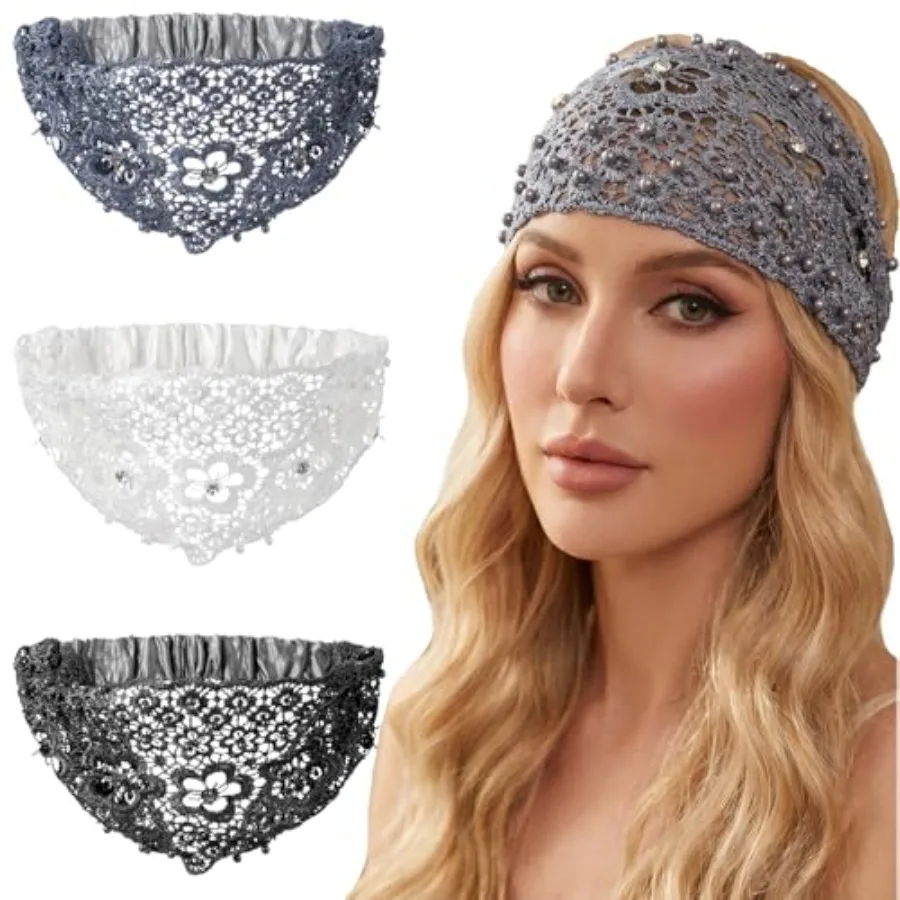 3Pcs Boho Lace Headbands for Women Lace Headband Wide Boho Pearl Headband Vintage Hair Accessories for Daily Wear and Various H