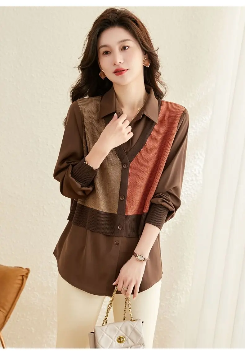 Поддельные две рубашки, сращенный свитер для женщин весной и осенью 2024, новая вязаная корейская версия, свободная базовая рубашка с длинными рукавами