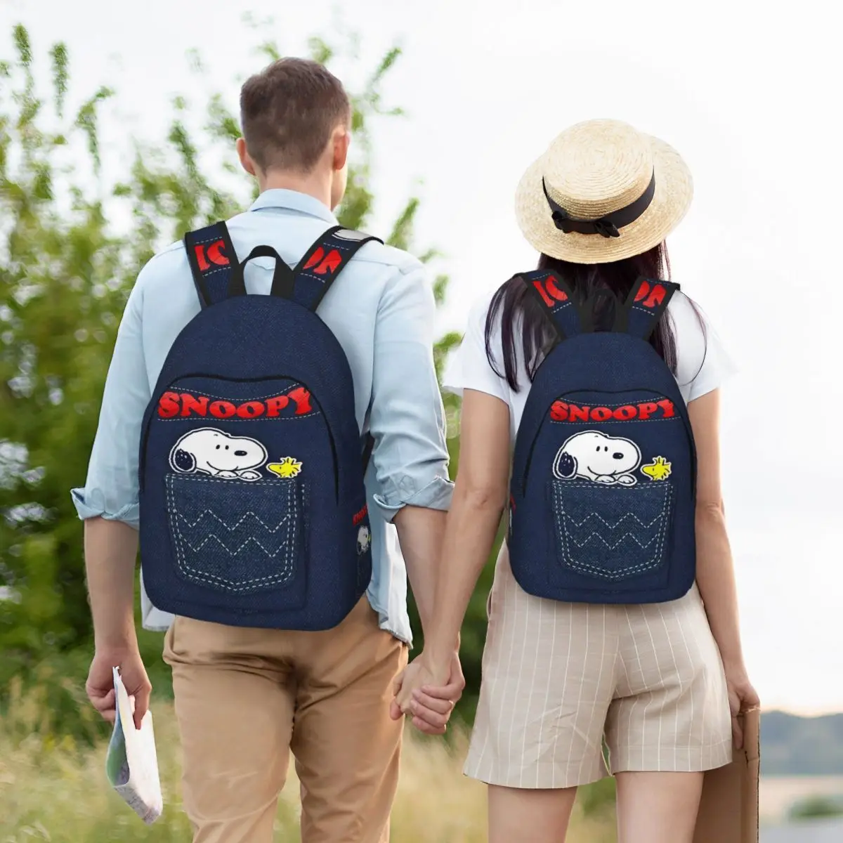 Cute Cartoon Snoopy Classical Backpack Durable Student Hiking Travel Denim Print Daypack for Men Women Laptop Canvas Bags