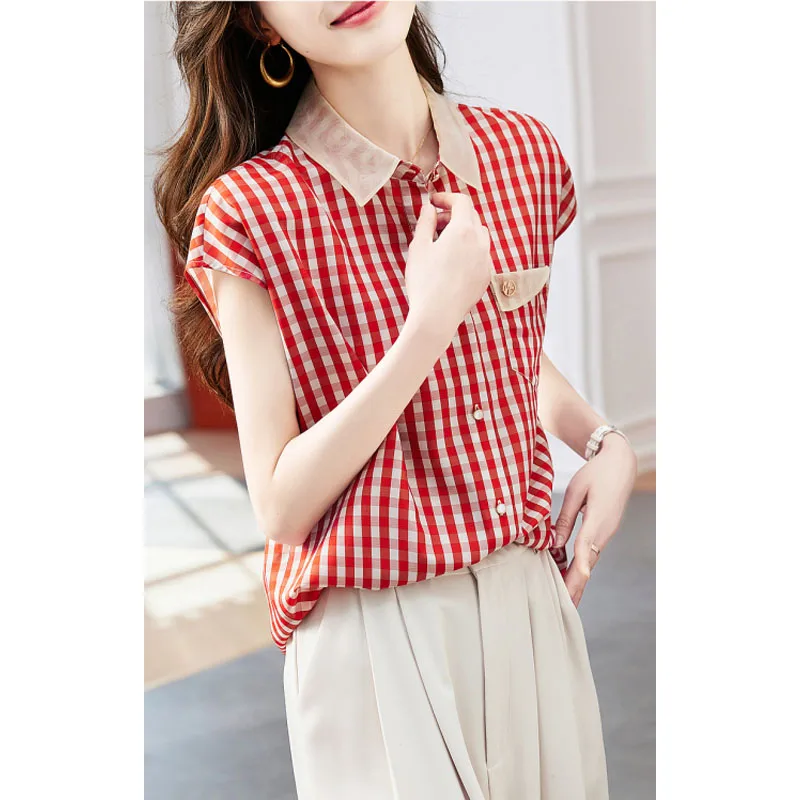 2024 New Women\'s Summer Korean Version Turn-down Collar Button Contrast Color Plaid Fashion Casual Short Sleeve Shirt Tops