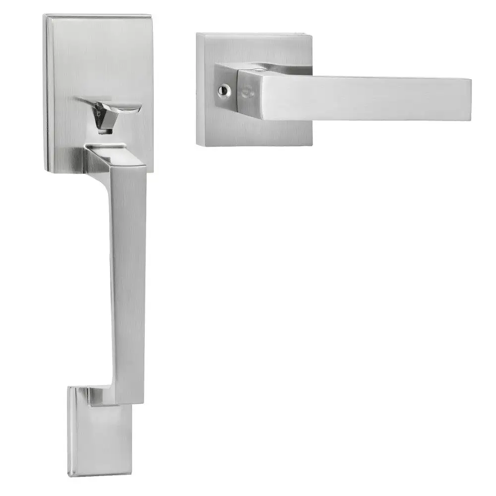 

Satin Nickel Square Entry Door Handle Set with Lever Adjustable Hole Space Reversible for right and Left Handed Use