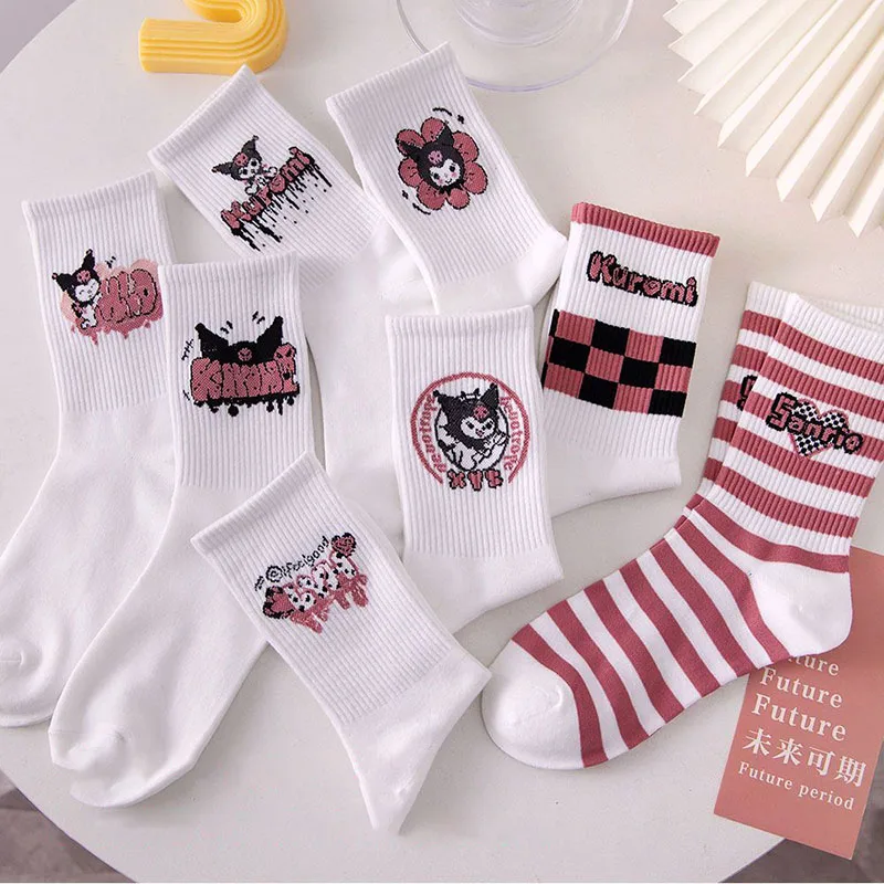 Kawaii Cotton Socks Sanrio Cartoon Kuromi Middle Tube Socks Simple Breathable Sweat-absorbing Sports Socks Gifts for Girls