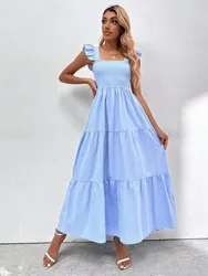 summer spaghetti cupcake dress women fashion flying sleeve pure color croset long dress casual flods high waist maxi vestidos