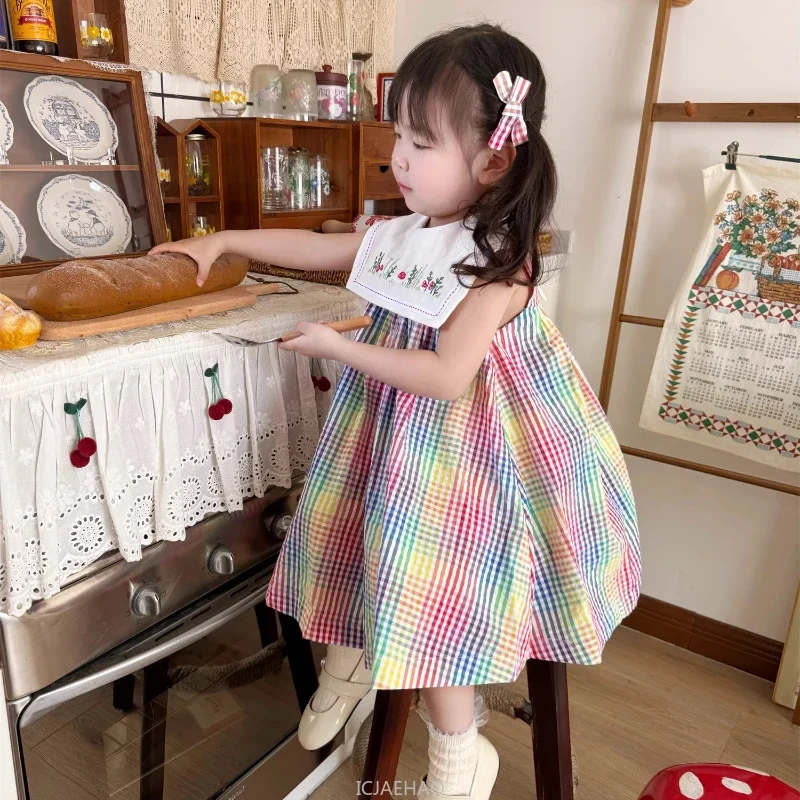

Girls Vintage Cotton Rainbow Gingham Big Collar Sleeveless Dress Kids Summer Simple Style Casual Outfit Holiday Wear 3-10 Years