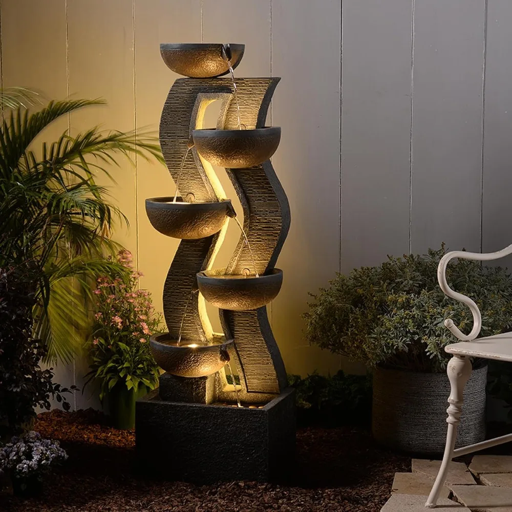 

52.8 Tall Outdoor Water Fountain and Waterfall with LED Lights, Cascading Bowl Garden Waterfall Fountain for Patio, Garden