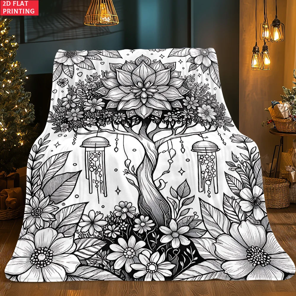 2D Flat Blanket Featuring a Floral and Tree Line Art Design, Perfect for Home Decor. This 240GSM Blanket Is Ideal for Use on Sof
