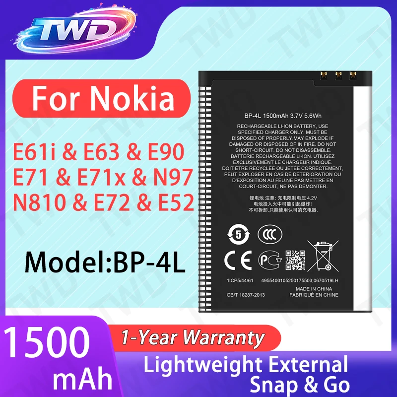 

BP-4L BP4L Large capacity Battery For Nokia E61i/E63/E90/E71/E71X/N97/N810/E72/E52 Batteries New High Quanlity