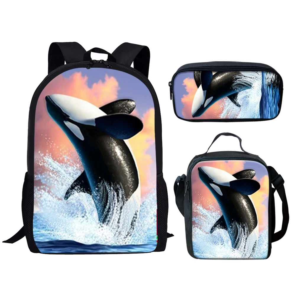 Ocean Killer Whales Design Print 3 шт. Студенческая школьная сумка Набор рюкзаков для девочек и мальчиков Сумка для обеда Сумка-карандаш Подростковые дорожные рюкзаки