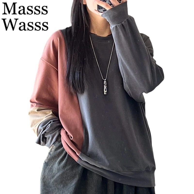

Mass Wasss, корейские осенние женские свободные лоскутные футболки для отдыха, женская модная одежда с круглым вырезом, модные элегантные классические топы