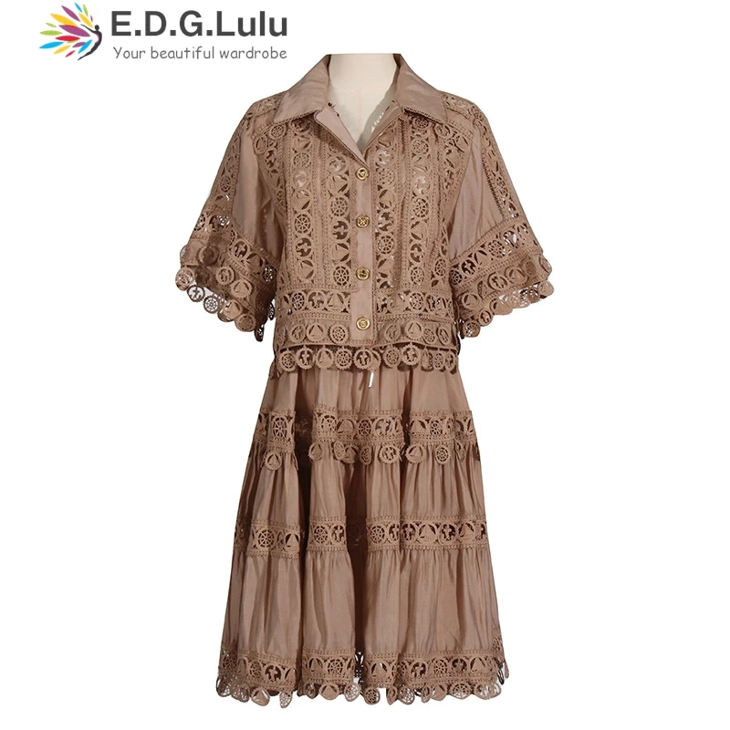 EDGLuLu Women 2 Piece Set Outfit Turn-Down Collar Short Sleeved Shirt+High Waist Mini Skirt Hollow Embroidery Lace Suit 1111