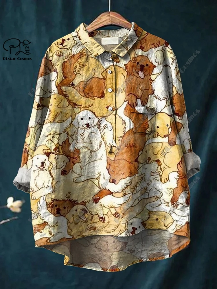 PLstar Cosmos new 3D printed women's loose retro cute puppy fun casual open tube shirt K-1