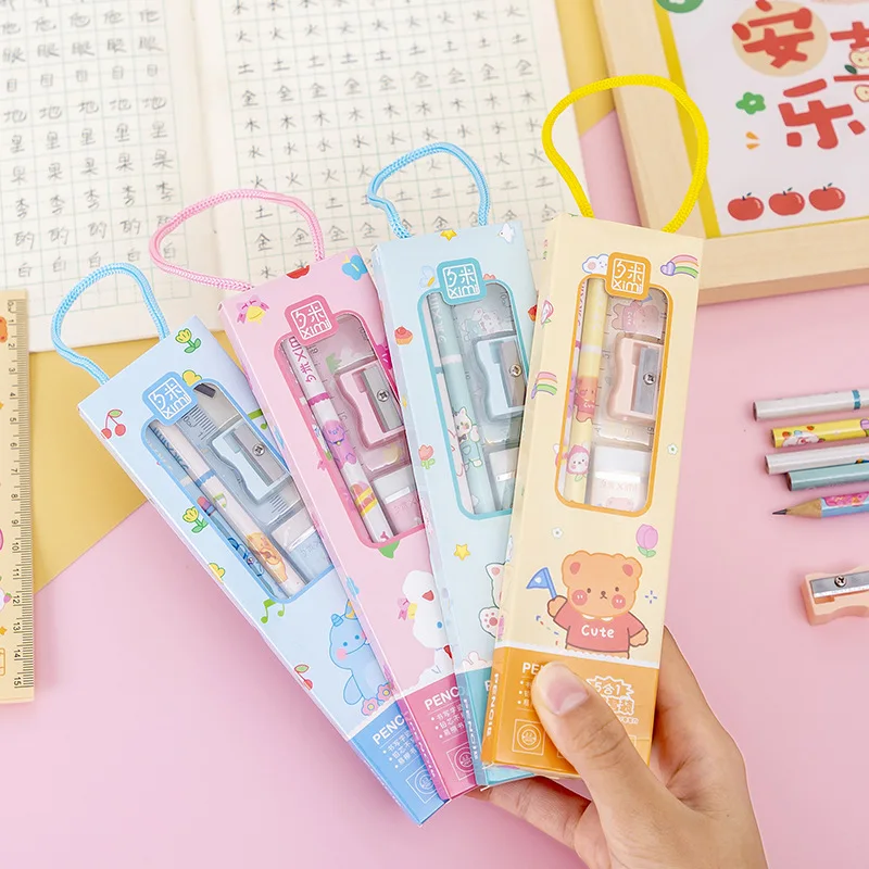 20Sets Portable Stationery Set Animal Cartoon Pencil Cute Ruler Children Pencil Sharpener Student Eraser School Supplies Gifts