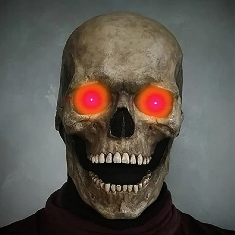 Glowing Green Eyes Full Head Skull Mask with Movable Jaw for Halloween and Horror Costumes - Spooky and Scary Mask Creativity