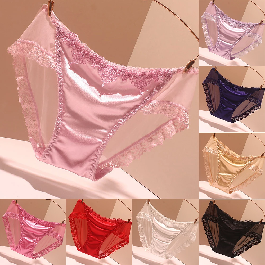 Women Briefs Traceless Lace Satin Silky Soft Underwear Lightweight Breathable Sexy Low Waist Panties Seamless Sweet Underpants