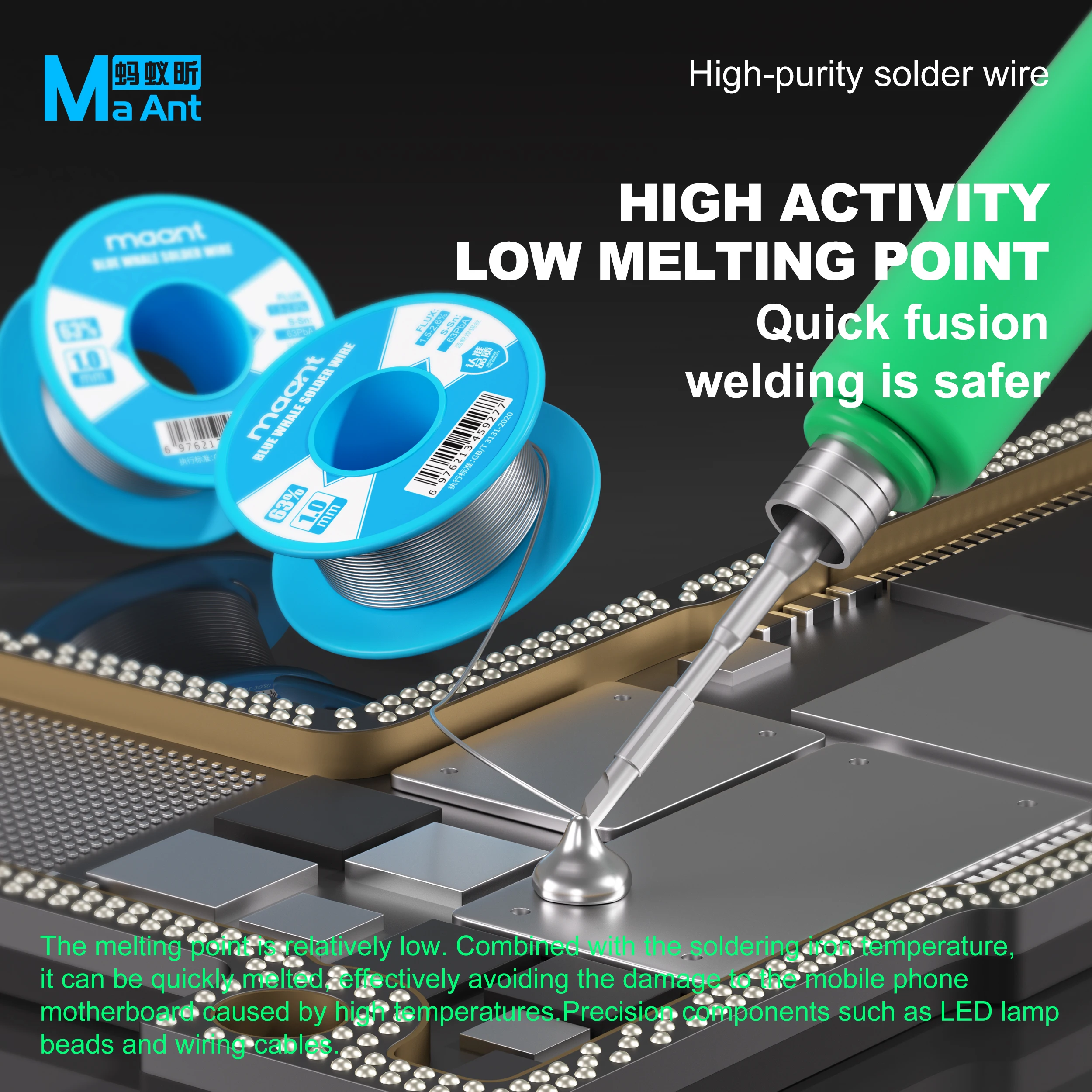 MaAnt Blue Whale High Purity Solder Wire  0.3/0.6/1.0MM Fast Melting Low Temperature For Phone PCB Chip Computer Repair Tools